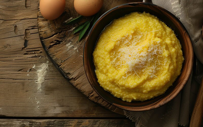 Una citola piena di polenta a base di farina di mais servita su un tagliere in legno