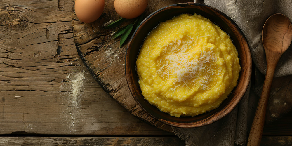 Una citola piena di polenta a base di farina di mais servita su un tagliere in legno