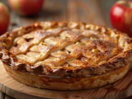 Una crostata alla marmellata posta su un tagliere di legno con accanto 3 mele