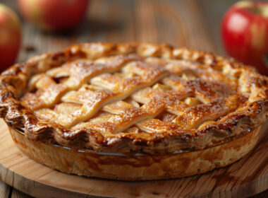 Una crostata alla marmellata posta su un tagliere di legno con accanto 3 mele