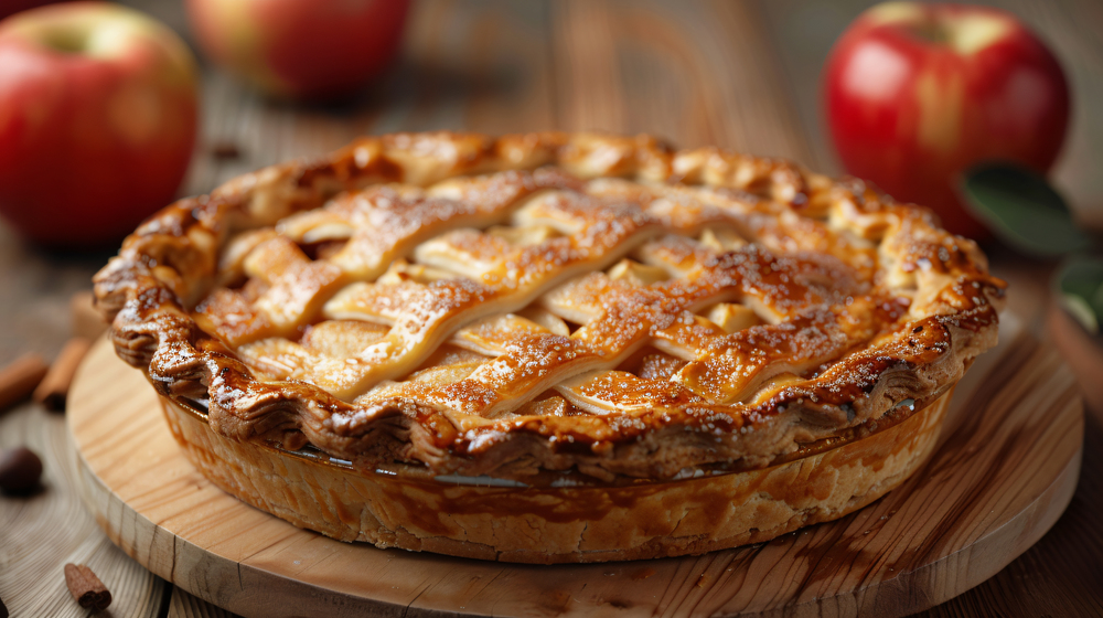 Una crostata alla marmellata posta su un tagliere di legno con accanto 3 mele