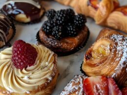 Un tavolo su cui sono stati poggiati dei dolci e pasticcini a base di sfoglia, farciti con creme e frutta fresca