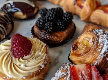 Un tavolo su cui sono stati poggiati dei dolci e pasticcini a base di sfoglia, farciti con creme e frutta fresca