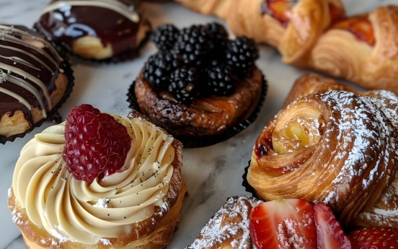 Un tavolo su cui sono stati poggiati dei dolci e pasticcini a base di sfoglia, farciti con creme e frutta fresca