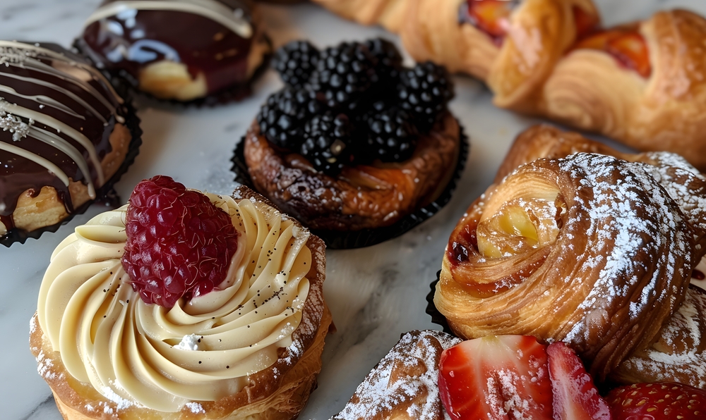 Un tavolo su cui sono stati poggiati dei dolci e pasticcini a base di sfoglia, farciti con creme e frutta fresca