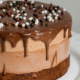 un piatto da portata che contiene una torta al cioccolato ricoperta da una ganache al cioccolato e delle palline croccanti bianche e nere