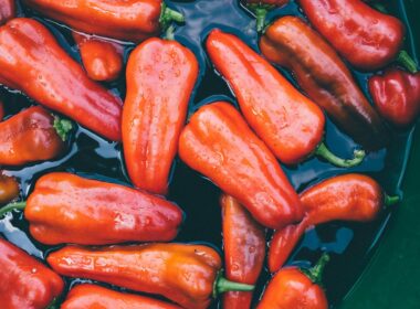 una bacinella di acqua contiene dei peperoni estivi di color rosso, semi immersi nell'acqua