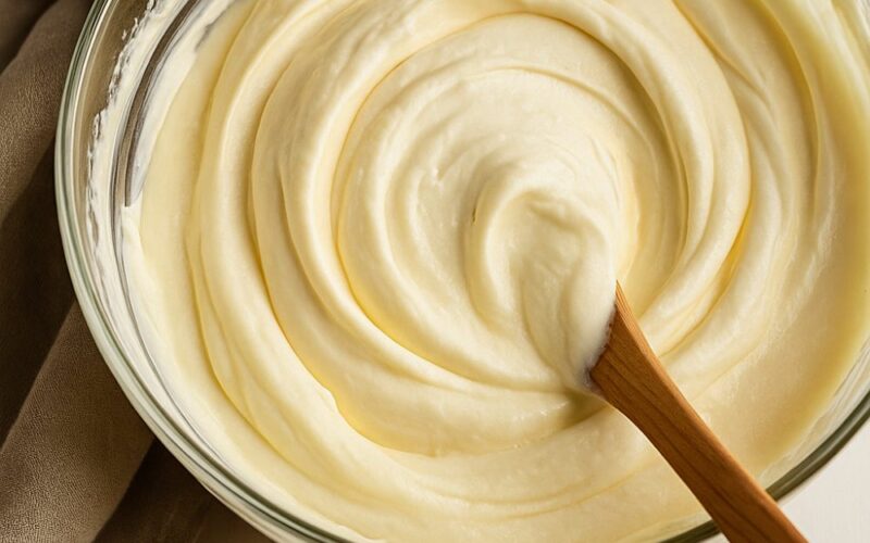 una ciotola che contiene una crema al mascarpone che viene mescolata con un cucchiaio di legno