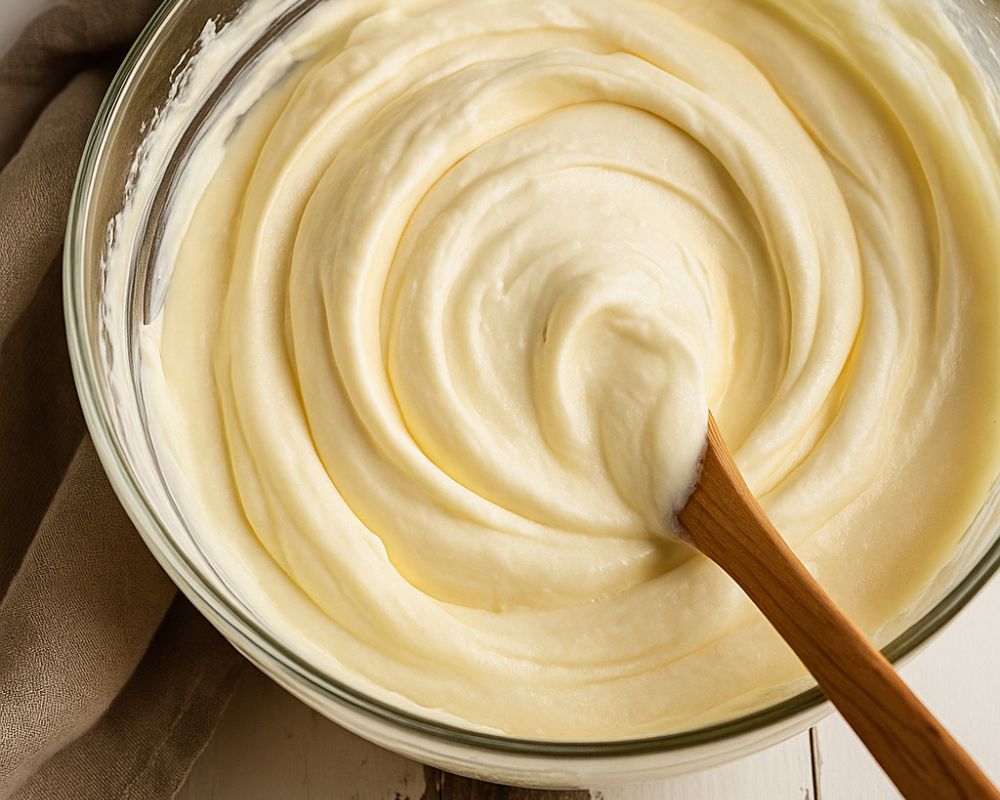 una ciotola che contiene una crema al mascarpone che viene mescolata con un cucchiaio di legno