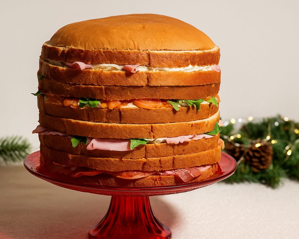 un panettone gastronomico farcito e posizionato su un'alzatina su una tavola imbandita