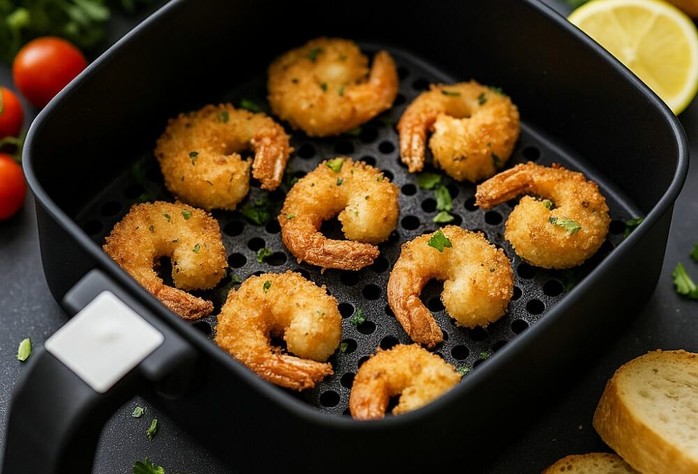 Un cestello di una friggitrice ad aria che contiene dei gamberi panati con il panko