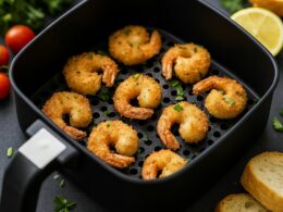 Un cestello di una friggitrice ad aria che contiene dei gamberi panati con il panko