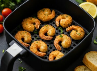 Un cestello di una friggitrice ad aria che contiene dei gamberi panati con il panko