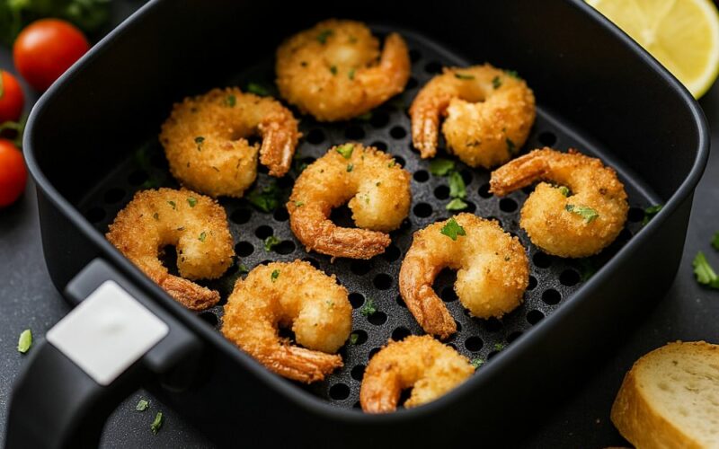 Un cestello di una friggitrice ad aria che contiene dei gamberi panati con il panko