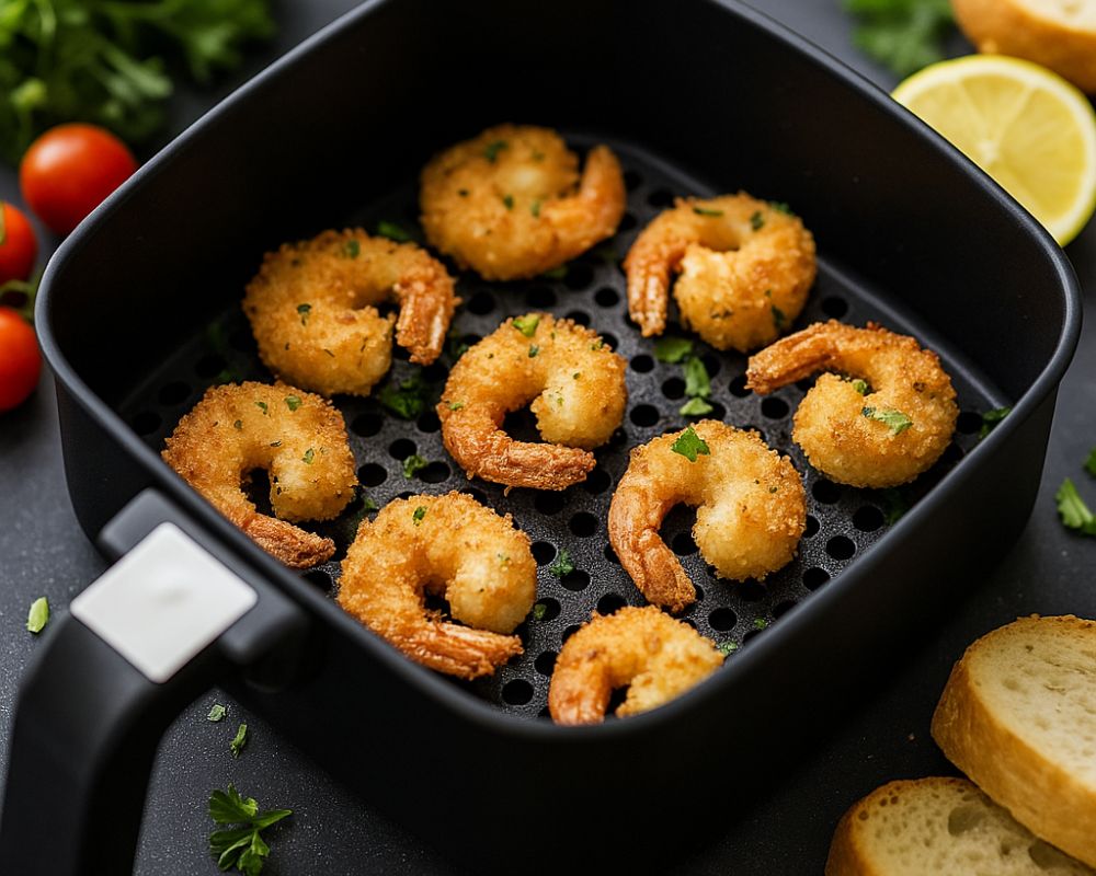 Un cestello di una friggitrice ad aria che contiene dei gamberi panati con il panko