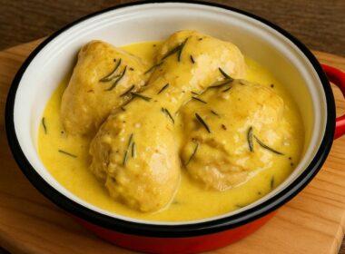 un piatto in ceramica che contiene del pollo in fricassea cremoso