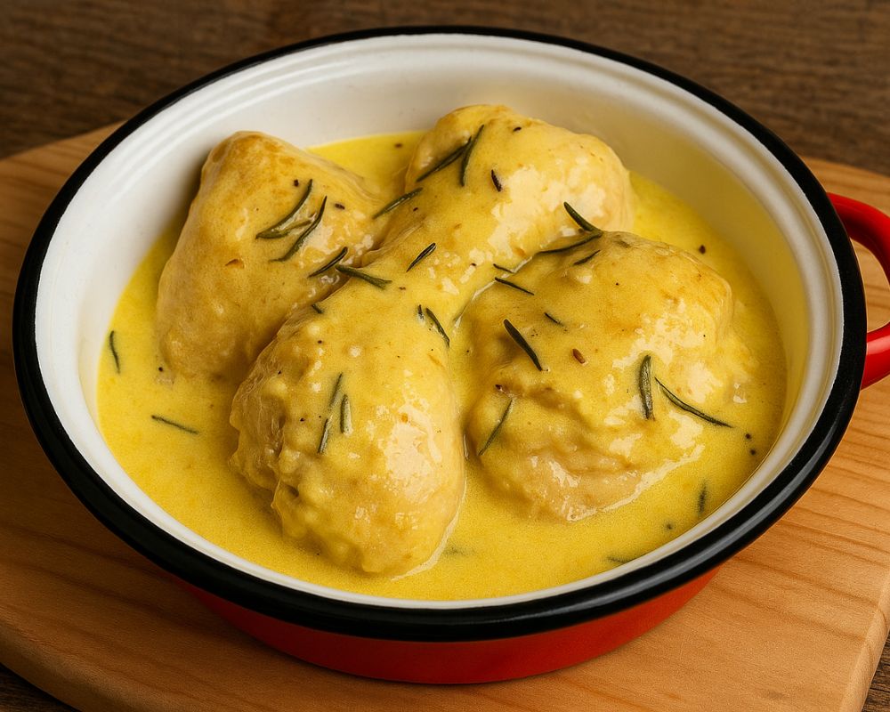 un piatto in ceramica che contiene del pollo in fricassea cremoso