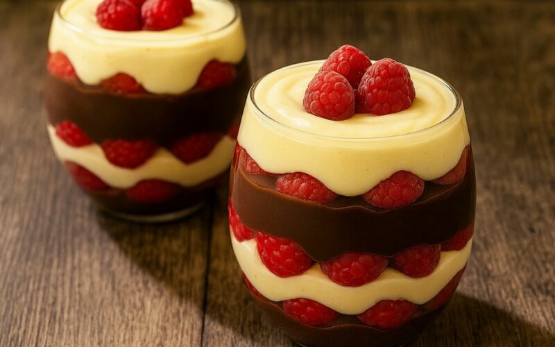 due coppe ripiene di strati di crema pasticcera classica e al cioccolato, pan di spagna e lamponi