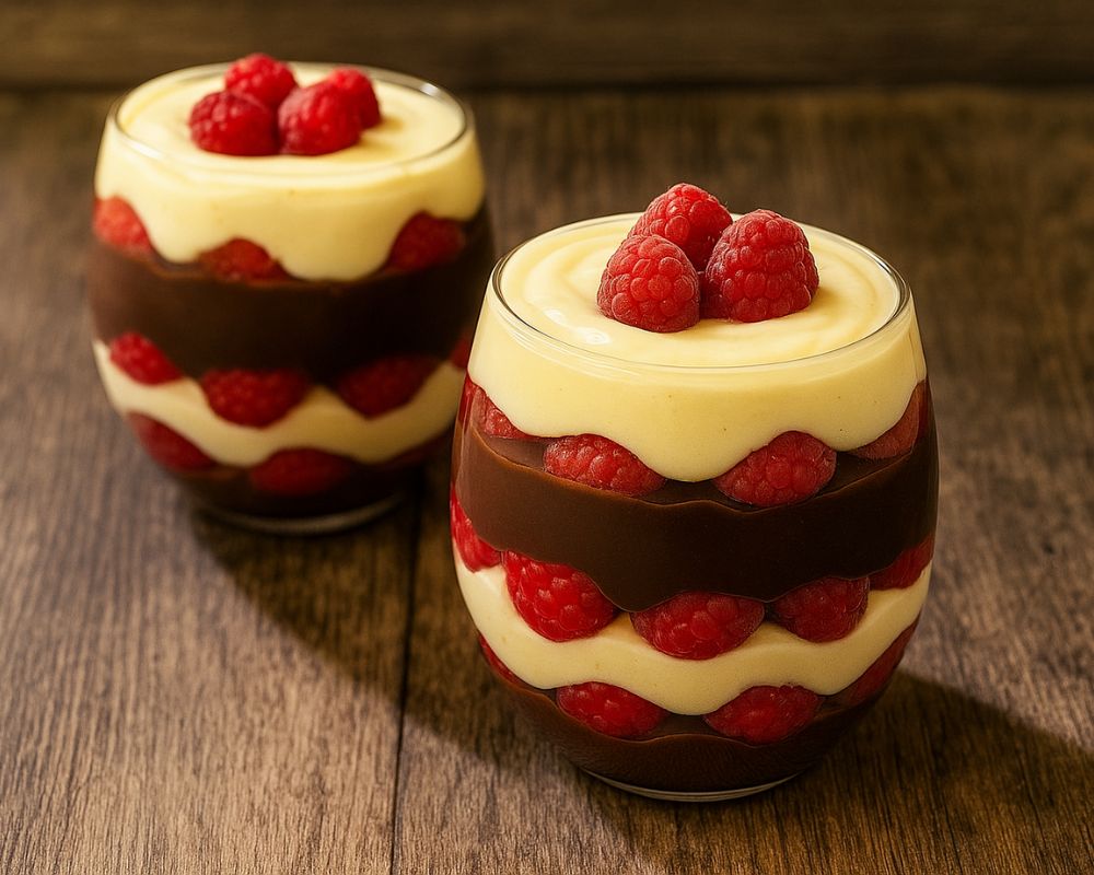 due coppe ripiene di strati di crema pasticcera classica e al cioccolato, pan di spagna e lamponi